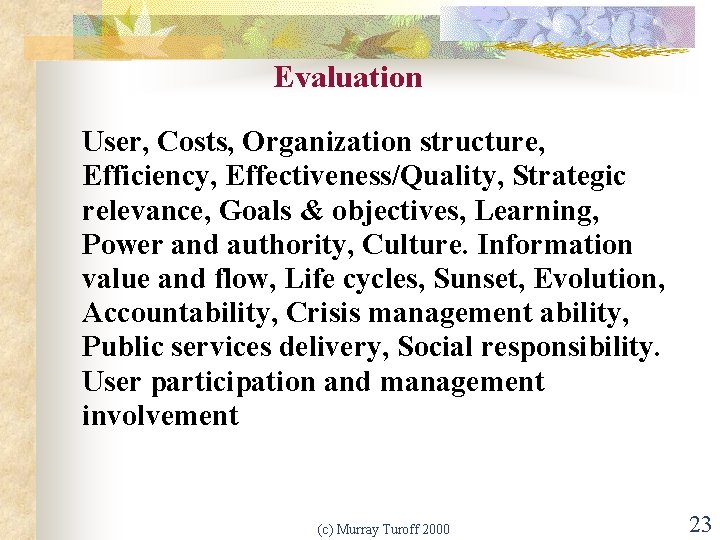 Evaluation User, Costs, Organization structure, Efficiency, Effectiveness/Quality, Strategic relevance, Goals & objectives, Learning, Power
