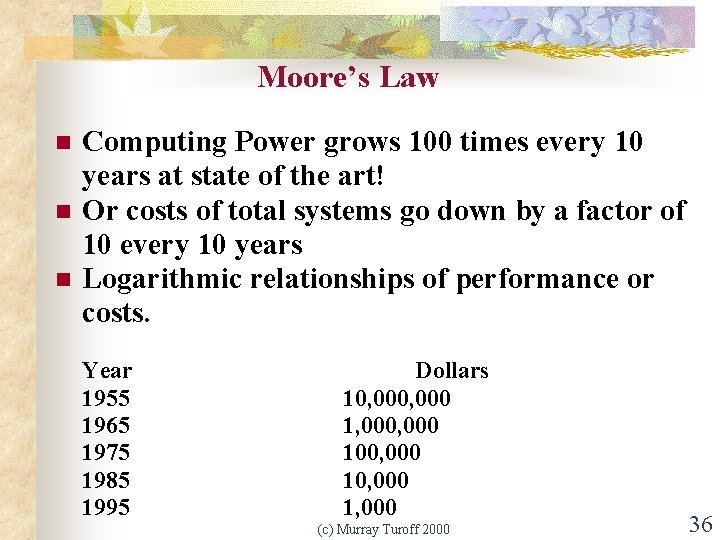 Moore’s Law n n n Computing Power grows 100 times every 10 years at