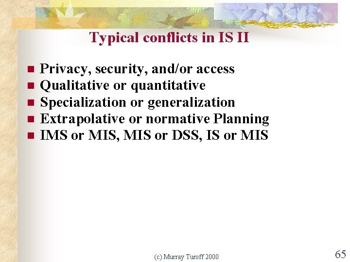 Typical conflicts in IS II n n n Privacy, security, and/or access Qualitative or