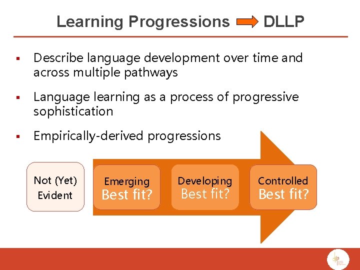 Learning Progressions DLLP § Describe language development over time and across multiple pathways §