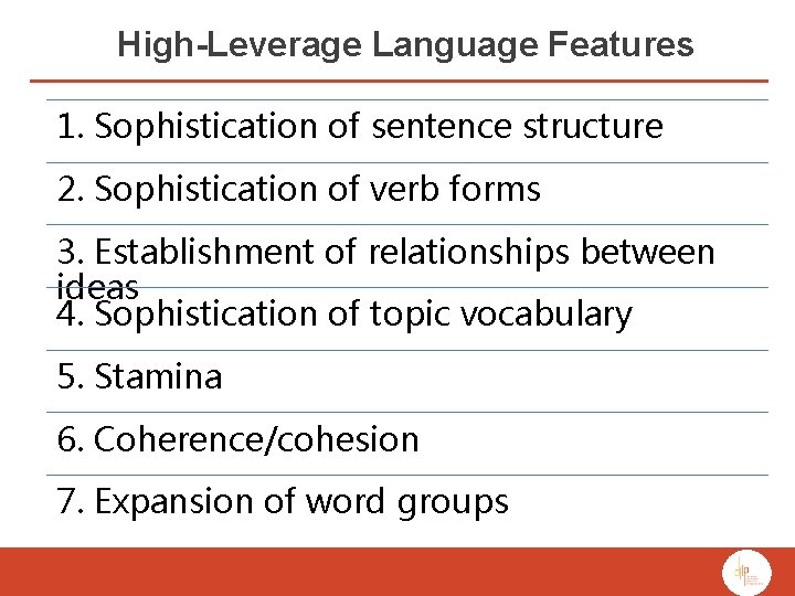High-Leverage Language Features 1. Sophistication of sentence structure 2. Sophistication of verb forms 3.