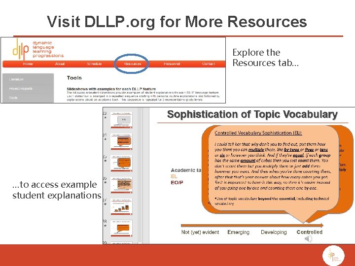 Visit DLLP. org for More Resources Explore the Resources tab… …to access example student