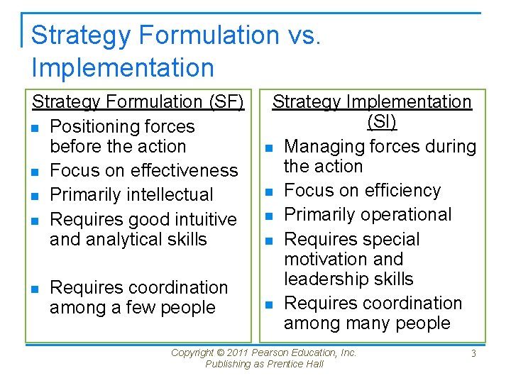 Strategy Formulation vs. Implementation Strategy Formulation (SF) n Positioning forces before the action n
