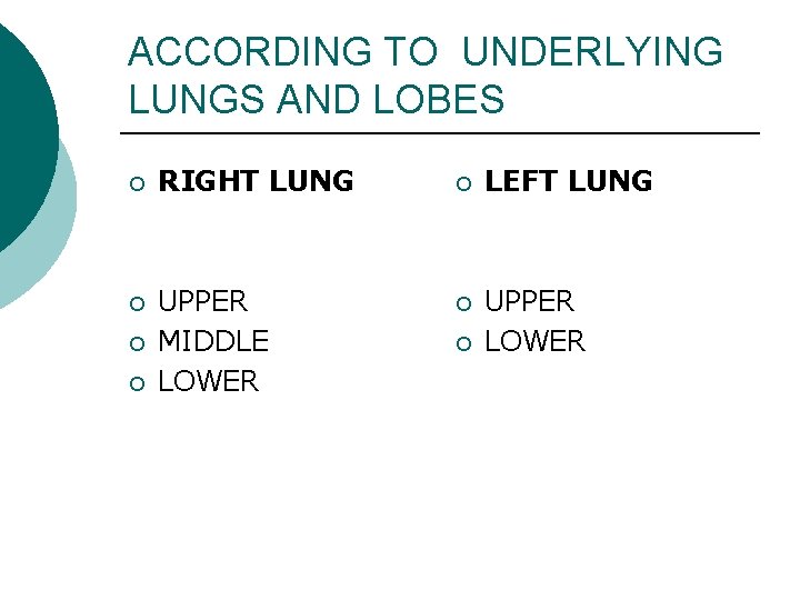 ACCORDING TO UNDERLYING LUNGS AND LOBES ¡ RIGHT LUNG ¡ LEFT LUNG ¡ UPPER