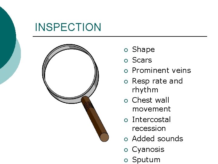 INSPECTION ¡ ¡ ¡ ¡ ¡ Shape Scars Prominent veins Resp rate and rhythm