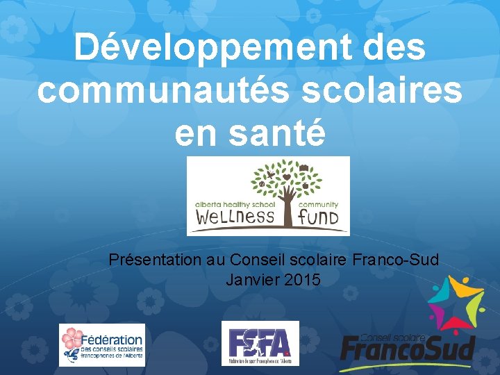 Développement des communautés scolaires en santé Présentation au Conseil scolaire Franco-Sud Janvier 2015 