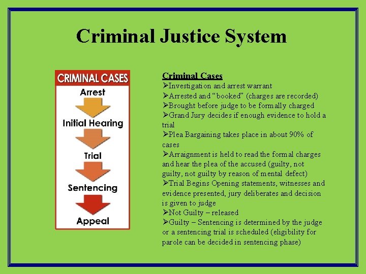 Criminal Justice System Criminal Cases ØInvestigation and arrest warrant ØArrested and “booked” (charges are