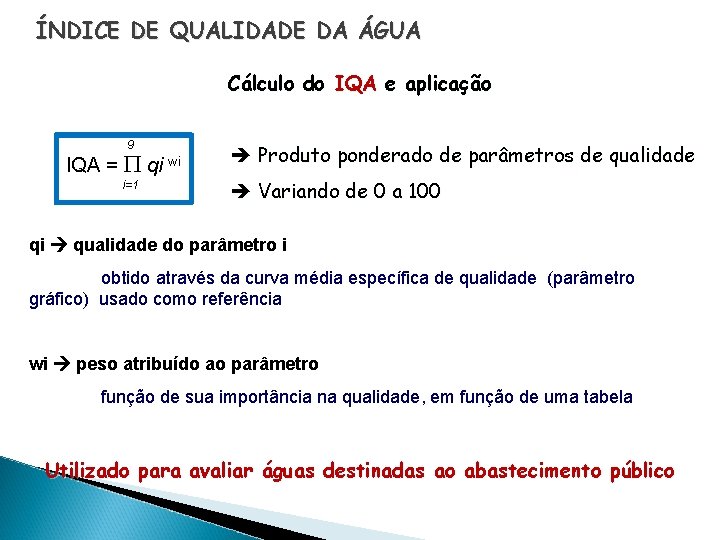 ÍNDICE DE QUALIDADE DA ÁGUA Cálculo do IQA e aplicação 9 IQA = qi