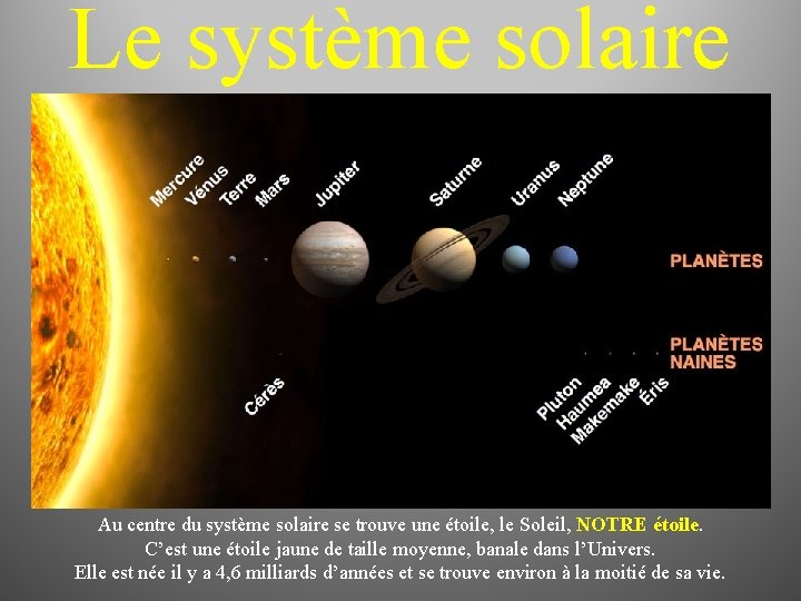 Le système solaire Au centre du système solaire se trouve une étoile, le Soleil,