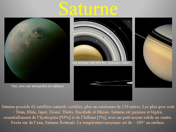 Saturne Les anneaux sont très fins, quelques mètres… Titan, avec son atmosphère de méthane