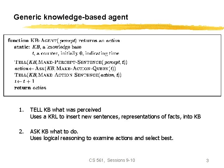 Generic knowledge-based agent 1. TELL KB what was perceived Uses a KRL to insert