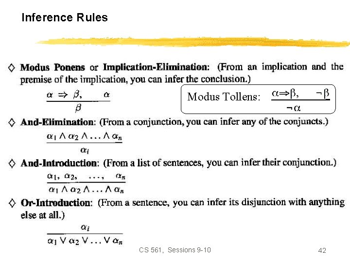 Inference Rules Modus Tollens: CS 561, Sessions 9 -10 42 