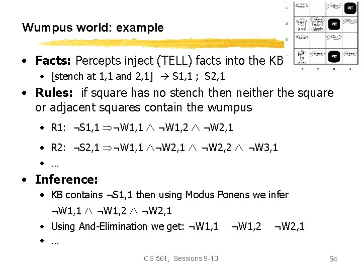 Wumpus world: example • Facts: Percepts inject (TELL) facts into the KB • [stench