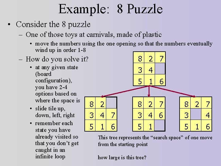 Example: 8 Puzzle • Consider the 8 puzzle – One of those toys at