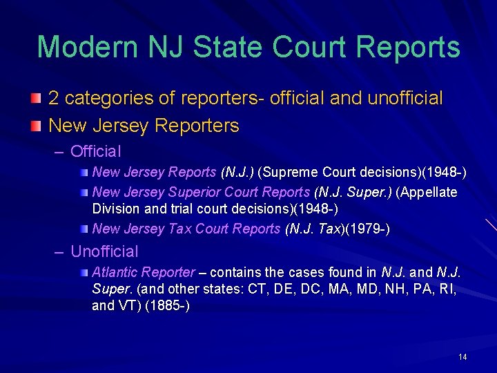 Modern NJ State Court Reports 2 categories of reporters- official and unofficial New Jersey