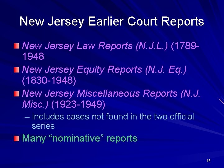 New Jersey Earlier Court Reports New Jersey Law Reports (N. J. L. ) (17891948