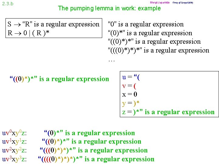 2. 3. b Giorgi Japaridze Theory of Computability The pumping lemma in work: example