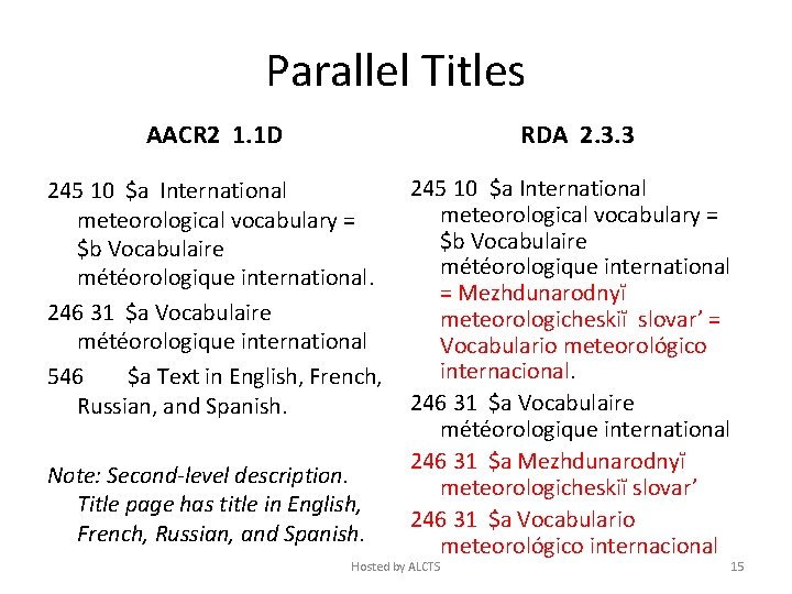 Parallel Titles AACR 2 1. 1 D RDA 2. 3. 3 245 10 $a