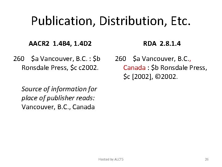 Publication, Distribution, Etc. AACR 2 1. 4 B 4, 1. 4 D 2 RDA