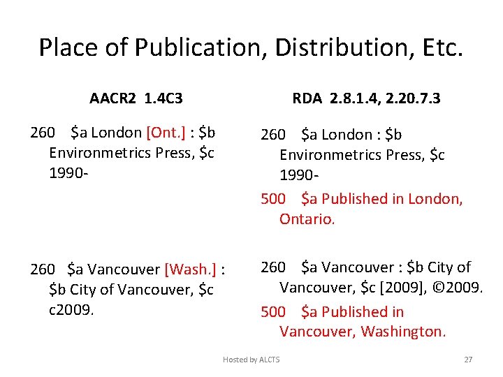 Place of Publication, Distribution, Etc. AACR 2 1. 4 C 3 RDA 2. 8.