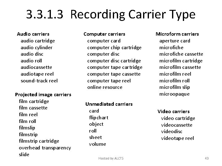 3. 3. 1. 3 Recording Carrier Type Audio carriers audio cartridge audio cylinder audio