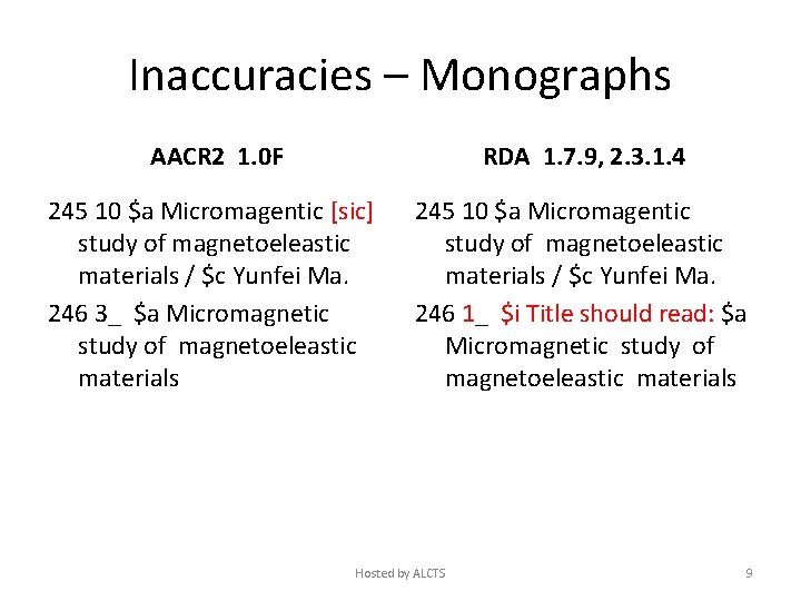 Inaccuracies – Monographs AACR 2 1. 0 F RDA 1. 7. 9, 2. 3.