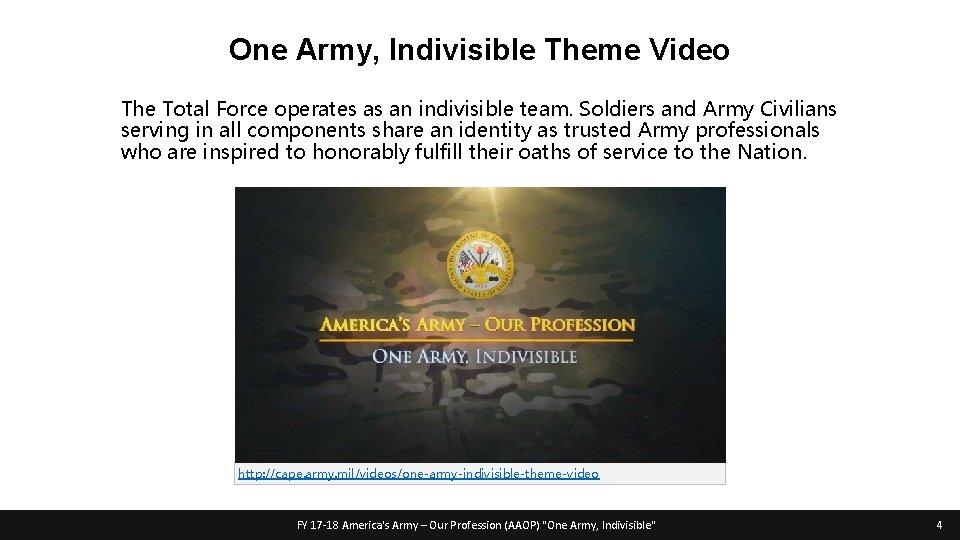 One Army, Indivisible Theme Video The Total Force operates as an indivisible team. Soldiers