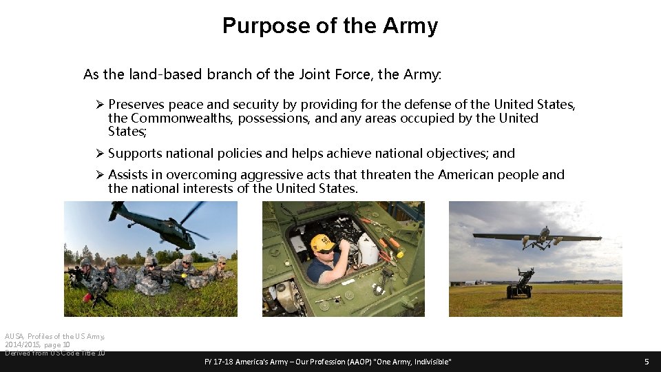 Purpose of the Army As the land-based branch of the Joint Force, the Army: