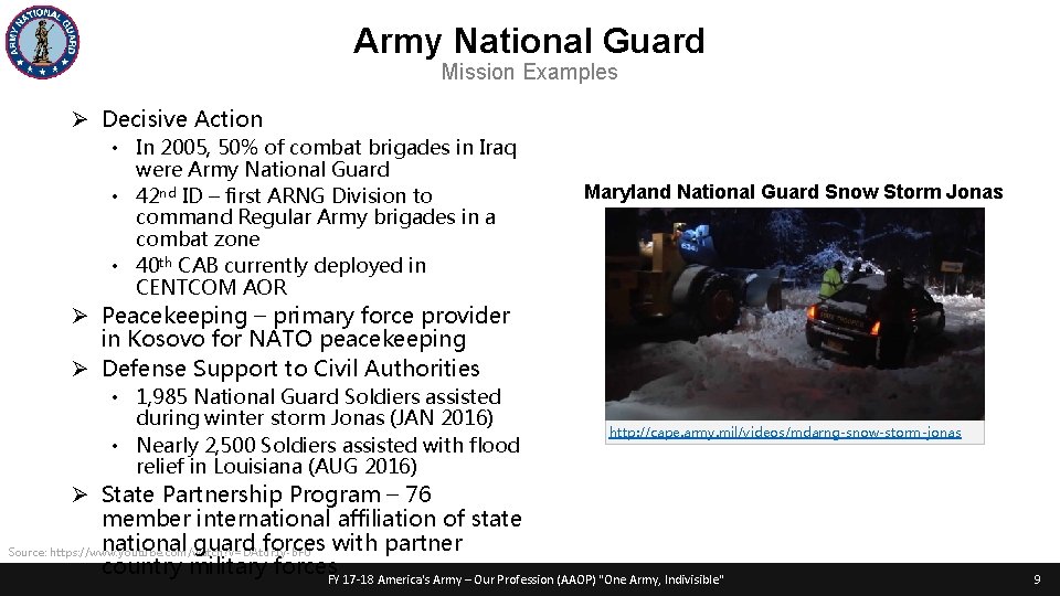 Army National Guard Mission Examples Ø Decisive Action • In 2005, 50% of combat