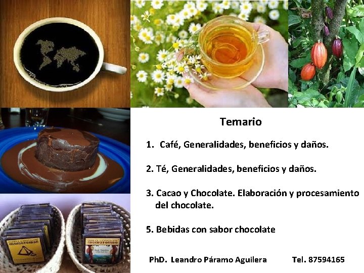 Temario 1. Café, Generalidades, beneficios y daños. 2. Té, Generalidades, beneficios y daños. 3.