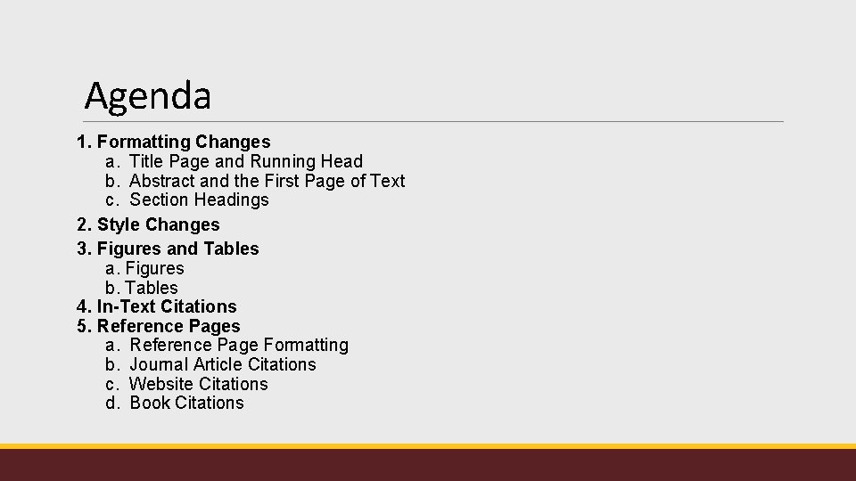 Agenda 1. Formatting Changes a. Title Page and Running Head b. Abstract and the