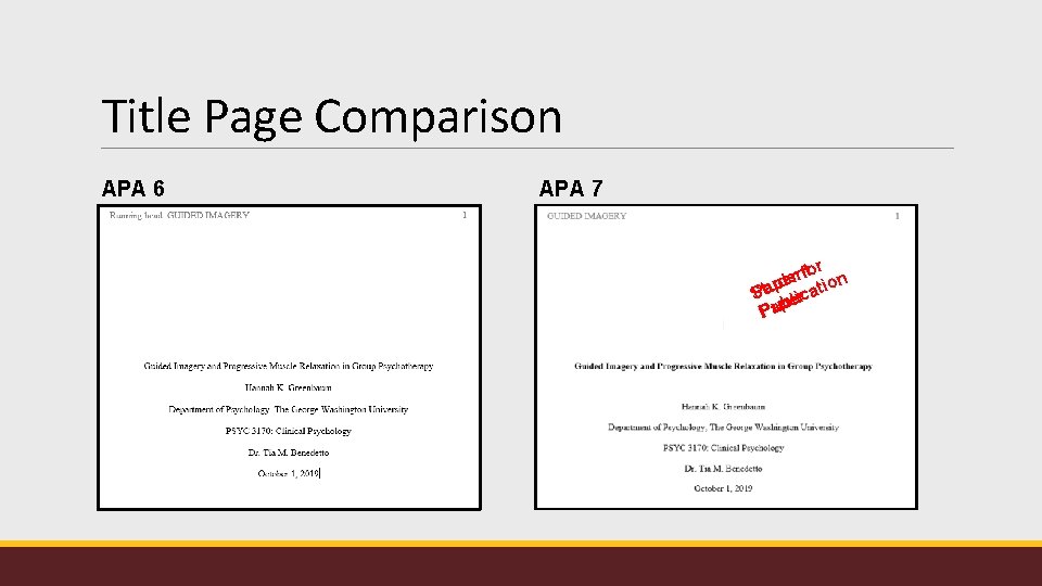 Title Page Comparison APA 6 APA 7 tor f n r e pde ation