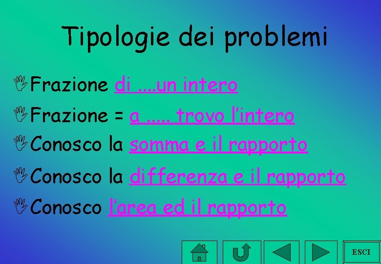 Tipologie dei problemi IFrazione di. . un intero IFrazione = a. . . trovo