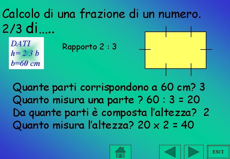 Calcolo di una frazione di un numero. 2/3 di…. . DATI h= 2/3 b