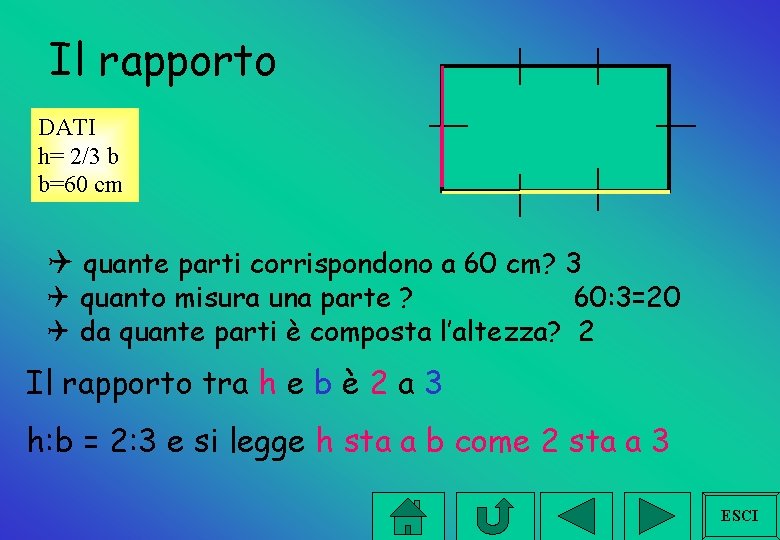 Il rapporto DATI h= 2/3 b b=60 cm Q quante parti corrispondono a 60