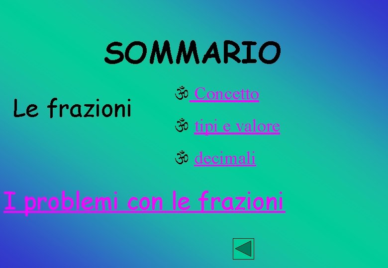 SOMMARIO Le frazioni  Concetto  tipi e valore  decimali I problemi con