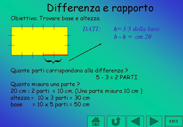 Differenza e rapporto Obiettivo: Trovare base e altezza. DATI: h= 3/5 della base b