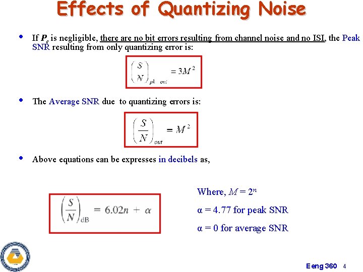 Effects of Quantizing Noise • If Pe is negligible, there are no bit errors