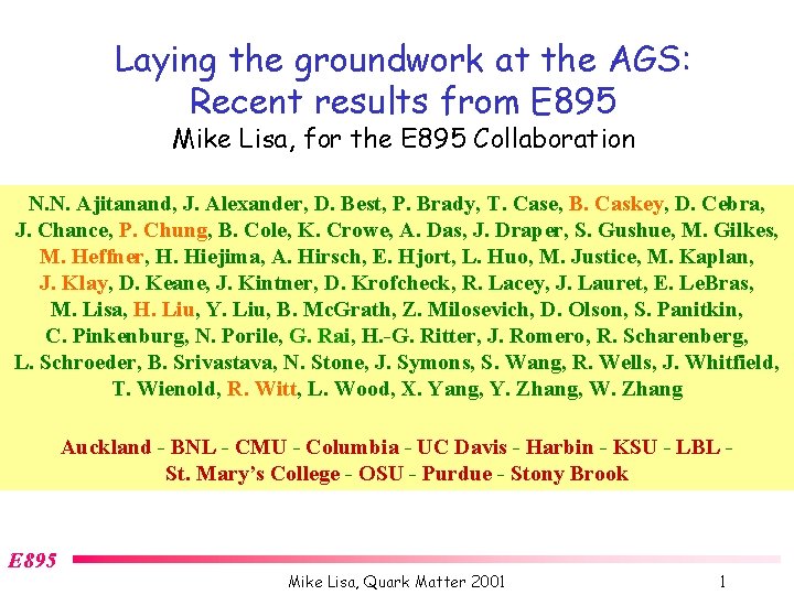 Laying the groundwork at the AGS: Recent results from E 895 Mike Lisa, for