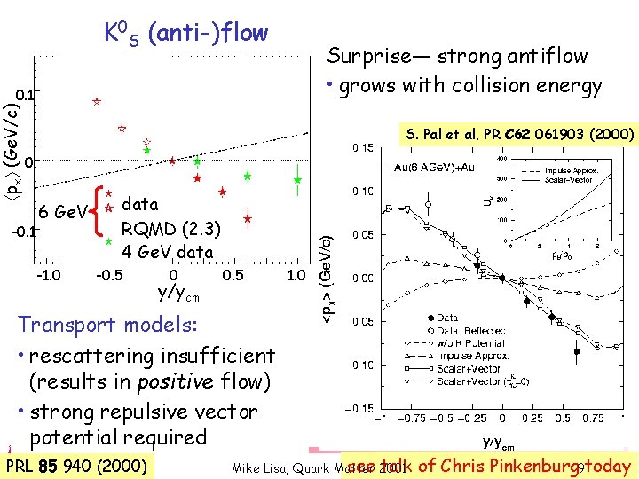K 0 S (anti-)flow Surprise— strong antiflow • grows with collision energy px (Ge.