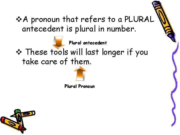 v. A pronoun that refers to a PLURAL antecedent is plural in number. Plural