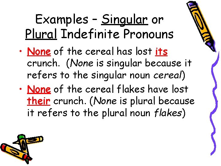 Examples – Singular or Plural Indefinite Pronouns • None of the cereal has lost