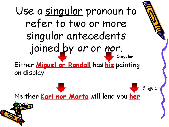 Use a singular pronoun to refer to two or more singular antecedents joined by