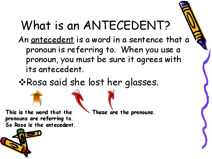 What is an ANTECEDENT? An antecedent is a word in a sentence that a
