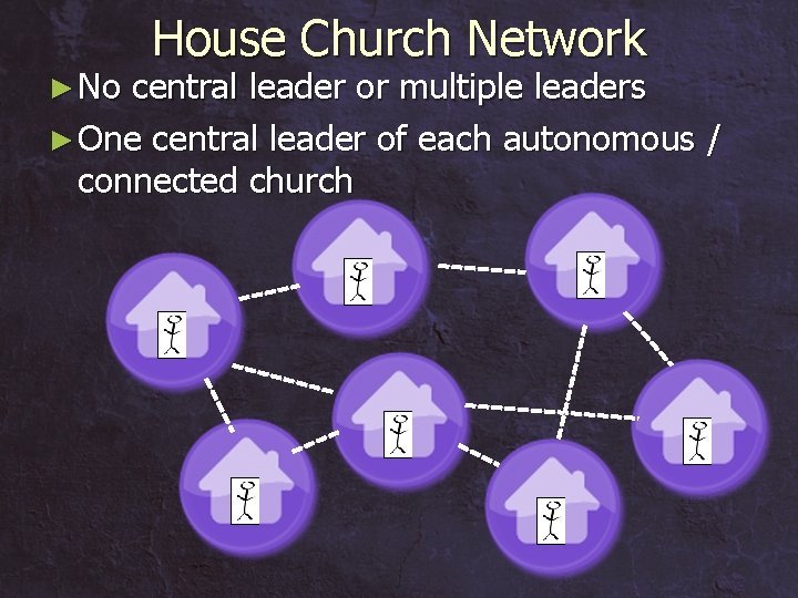 ► No House Church Network central leader or multiple leaders ► One central leader