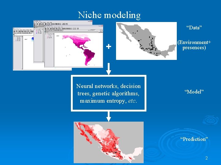 Niche modeling “Data” + (Environment+ presences) Neural networks, decision trees, genetic algorithms, maximum entropy,