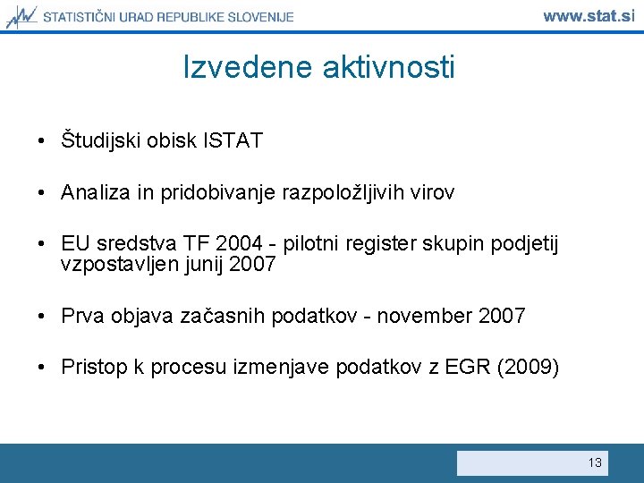 Izvedene aktivnosti • Študijski obisk ISTAT • Analiza in pridobivanje razpoložljivih virov • EU