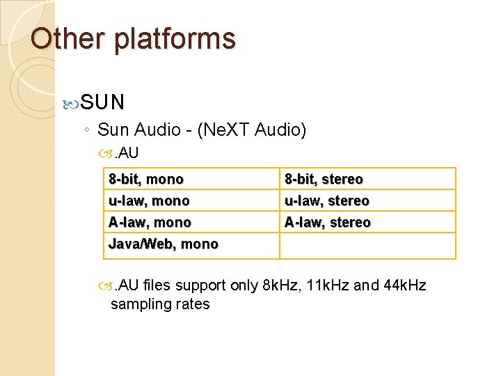 Other platforms SUN ◦ Sun Audio - (Ne. XT Audio) . AU 8 -bit,