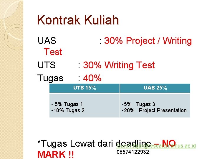 Kontrak Kuliah UAS Test UTS Tugas : 30% Project / Writing : 30% Writing