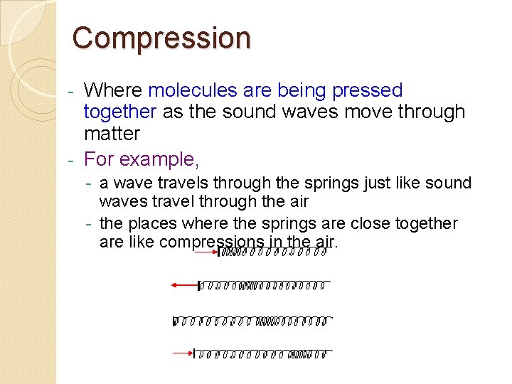 Compression Where molecules are being pressed together as the sound waves move through matter